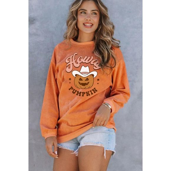 Azura Exchange Orange Howdy Pumpkin Halloween Graphic Corded Sweatshirt - Picture 4 of 8